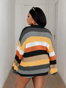 Maweii Plus Size Women Contrast Stripe Hollow Out Round Neck Casual Sweater - Black - View 2