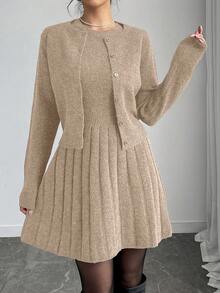 Elenzga Bộ đồ len cardigan cài nút đơn giản, không tay, viền xếp ly, màu trơn, thoải mái khi đi làm hàng ngày dành cho nữ, mùa thu - Màu be - Xem 5