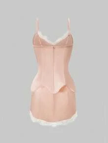 Glisette 2pcs Women's Spaghetti Strap Lace Patchwork Waist Cincher Bodysuit With Bow Accent - Pink - View 3