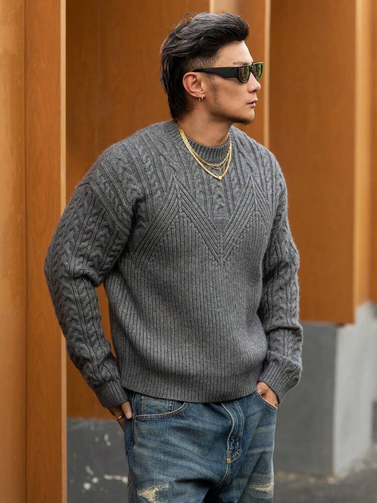 Men's Solid Dark Gray Textured Knit Sweater, Autumn