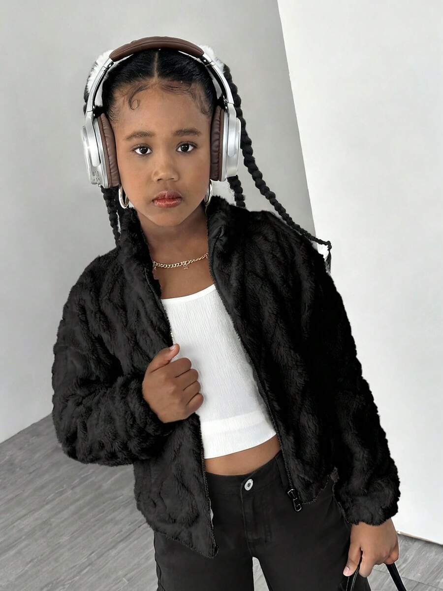 Tween Girls' White Turtleneck Geometric Fleece Casual Jacket - Black - View 1