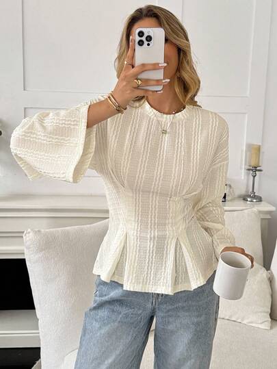 Serisse Women's Casual Fall Winter 2025 Women Fall Solid Color Peplum T-Shirt With Cinched Waist Detail Long Sleeves Textured Fabrics Blend Top Modern Minimalist Design For Daily Office Wear
