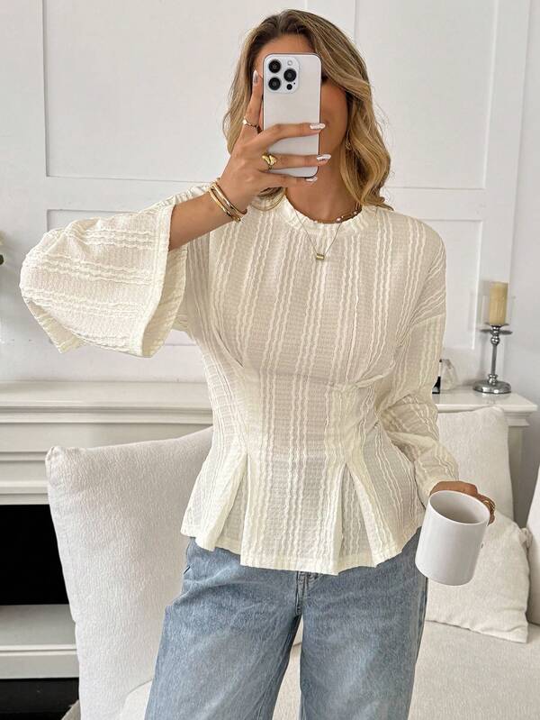 Serisse Women's Casual Fall Winter 2025 Women Fall Solid Color Peplum T-Shirt With Cinched Waist Detail Long Sleeves Textured Fabrics Blend Top Modern Minimalist Design For Daily Office Wear