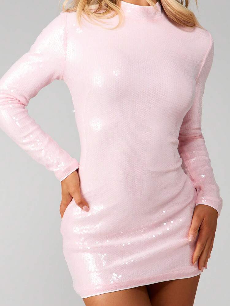MISSGUIDED High Neck Long Sleeve Sequin Bodycon Mini Dress Party Evening Glitter Sparkle