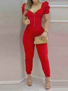 INAWLY 女式合身性感V领拉链羊腿袖连体裤（无腰带） - 紅色 - 查看 4