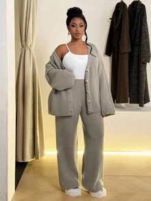 Maweii 大码女式毛衣套装，纯色，浅灰色，深V领纽扣长袖上衣+长裤 - 淺灰色 - 查看 5