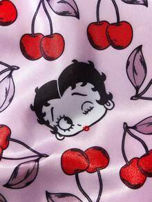 Betty Boop x SHEIN Phiên bản nâng cấp của mũ ngủ hai lớp, chăm sóc tóc, mũ ngủ satin co giãn vành rộng, mềm mại và thoải mái, thích hợp cho giấc ngủ hàng ngày ở nhà, màu hồng anh đào, ý tưởng quà tặng, tiệc tùng, ngày lễ, Ngày Valentine. - Hồng - Xem 5