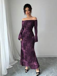 Modelyn 女式露肩喇叭袖扎染时尚网眼印花褶饰鱼尾修身连衣裙 - 紫色 - 查看 4