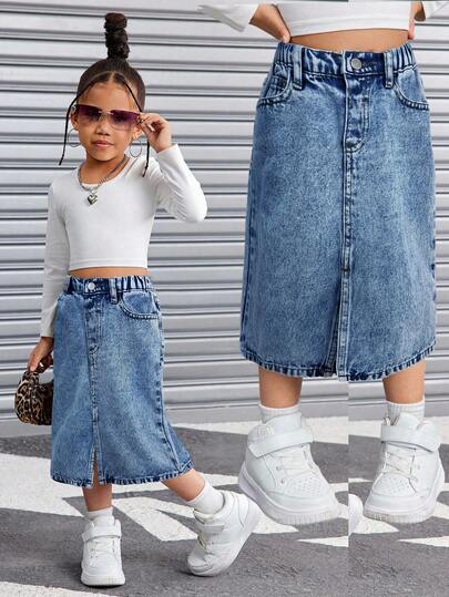 SHEIN 年轻女孩口袋开衩下摆休闲牛仔裙