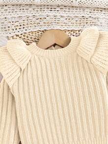 2 件套女婴毛衣套装，荷叶边肩部设计，罗纹针织上衣，搭配棕色喇叭裤，可爱甜美的休闲装，适合秋冬 - 杏色 - 查看 6