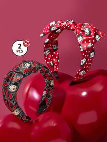 Betty Boop x SHEIN 2 Pcs Fashionable Retro Ladies' Headbands, Bows Hair Accessories, To Show Hair Volume, Red & Black, Polka Dot & Cherry Prints,Gift Ideas,Party,Holiday,Valentine's Day - Multicolor - View 1