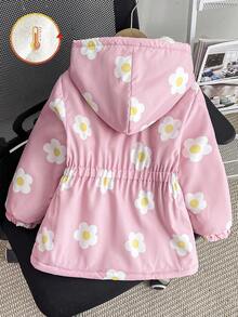 Elladie kids Abrigo acolchado con capucha con cremallera para niñas jóvenes en invierno, abrigo acolchado con bolsillo en la cintura, estampado floral grueso y elegante - Rosa - Ver 2