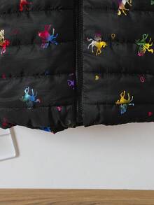 女童休闲黑色彩色独角兽印花绗缝连帽羽绒服，冬季保暖内衬 - 黑色 - 查看 4