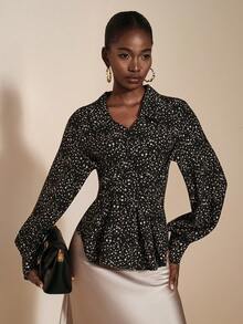 JIAN LASALA Blusa casual da donna con stampa a pois su tutto il capo, maniche a palloncino, vita con laccio incrociato, elegante e di stile luxury