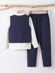 SHEIN 3 件套青少年男孩韩版修身商务正装西装背心、直筒裤和可拆卸领带 3 件套，适合日常穿着、宴会、派对、主持、唱歌表演等场合，适合夏季、春季和秋季 - 藏蓝色 - 查看 2