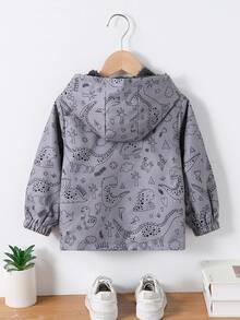 SHEIN Genkimix Kids 年轻男孩休闲时尚全身印花连帽夹克，保暖内衬，拉链开合，秋冬