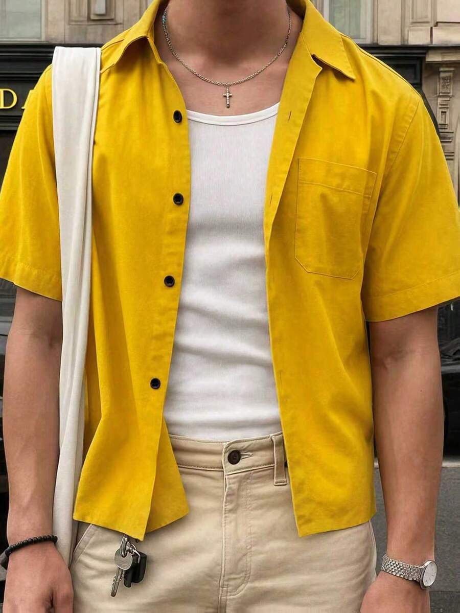 SHEIN Manfinity Dauomo Men's Simple Casual Daily Solid Color Pocket Short Sleeve Shirt - Yellow - View 1