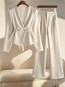 GlowEve Waist Cinching Unique Gorgeous Set (Long Sleeve Top And Pants Two Pieces) - Apricot - View 1