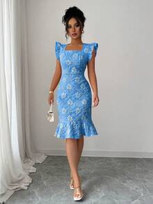 Elenzga Women's Square Neck Cap Sleeve Elegant Floral Jacquard Commuter Dress, Summer - Royal Blue - View 6
