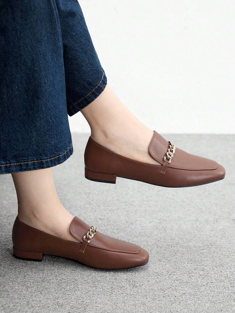 CUCCOO BIZCHIC Women's Square Toe Flat Low Heel New Brown Comfortable Versatile Slip-On Loafers, Black Lightweight Casual Flats For Commuting