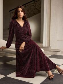 ZEYLAH Vestido con cuello en V, fruncido y con bajo acampanado, para otoño/invierno