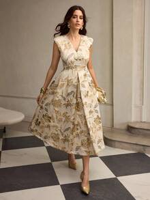 ZEYLAH V领提花褶皱A字连衣裙，秋冬 - 杏色 - 查看 7