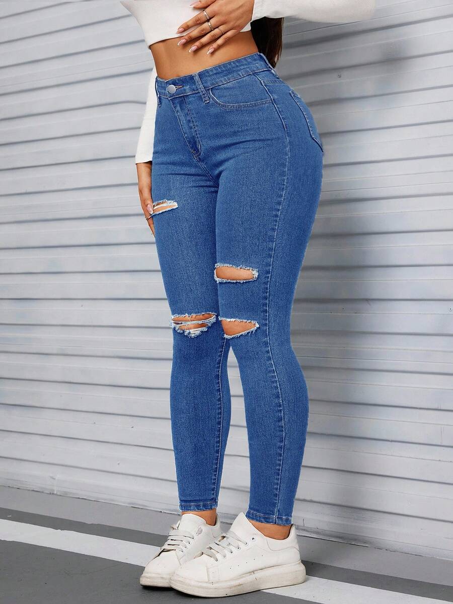 SHEIN PETITE Women's High Waist Pocket Distressed Skinny Casual Versatile Jeans - Blue - View 1