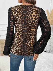 SHEIN Clasi 女士豹纹镂空长袖拼接T恤 秋冬新年圣诞 - 彩色 - 查看 2