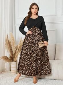 Lacomfia Große Größen Jacquard-Strick Patchwork Leoparden-Muster Rundhals Langarm A-Linie Lässig Kleid, geeignet für Frühling und Herbst