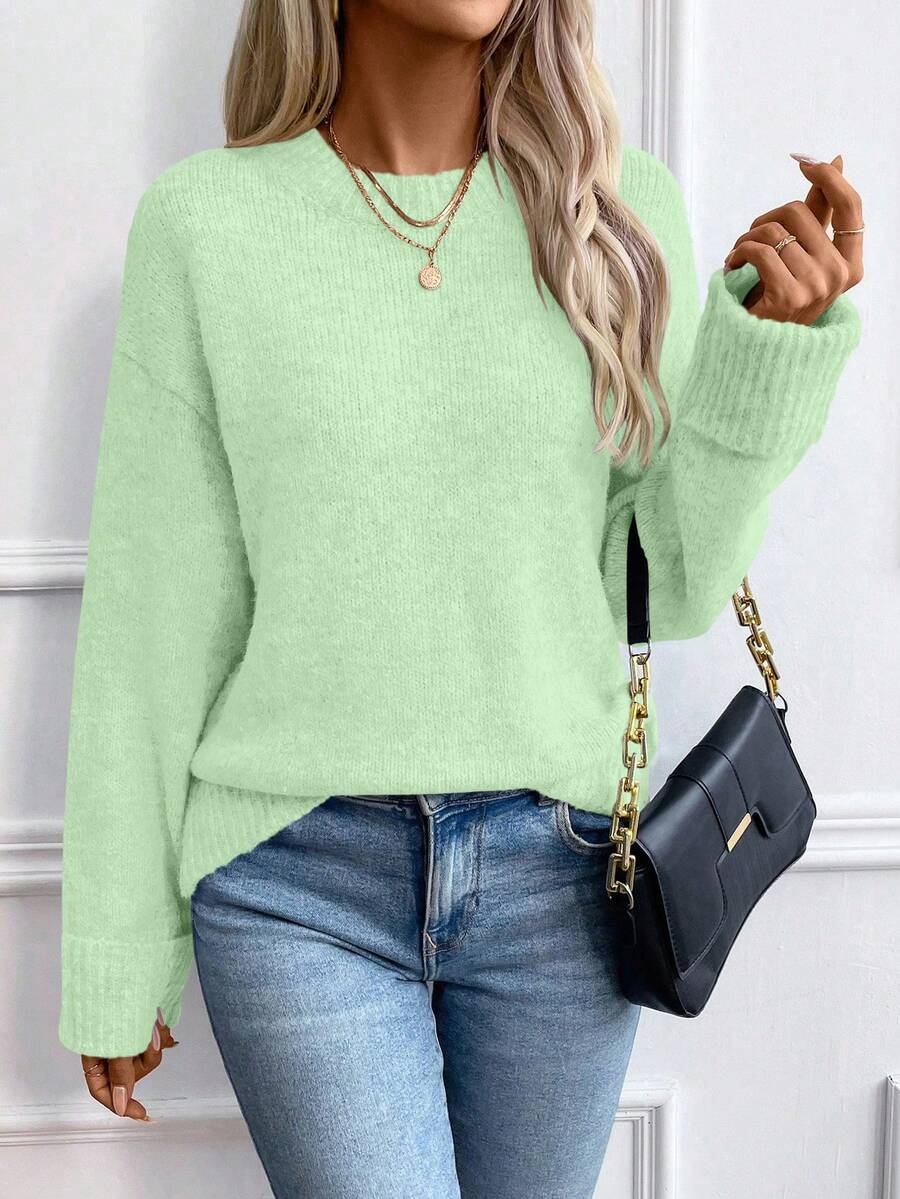 EMERY ROSE Women's Loose Fit Crew Neck Pullover Sweater With Ribbed Cuffs - Mint Green - View 1