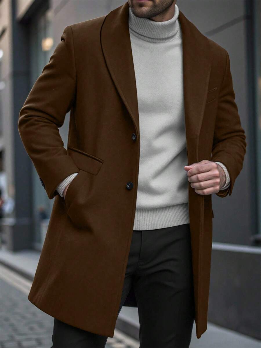 Manfinity Homme 男士纯色口袋纽扣长袖大衣,秋季男士棕色外套,休闲商务风,冬季款 - 棕色 - 查看 1