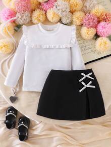 SHEIN Elladie kids 女童可爱黑色罗纹长袖上衣搭配蝴蝶结装饰开衩裙，秋冬T恤套装 - 白色 - 查看 3