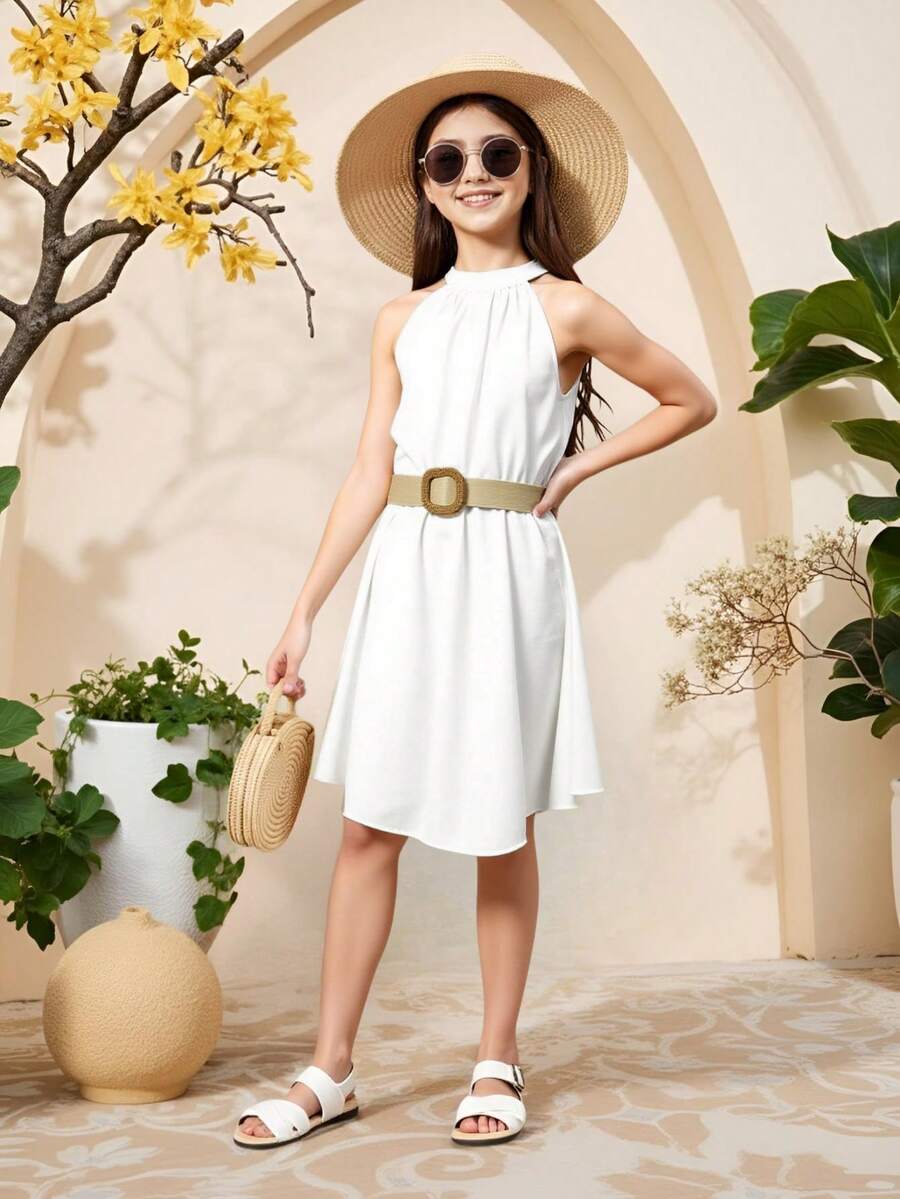 Chicas Vestido halter unicolor con cinturón - Blanco - Ver 1