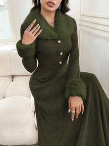 Modelyn 女士前扣长袖蓬松拼接休闲宽松连衣裙长款晚礼服 - 綠色 - 查看 6