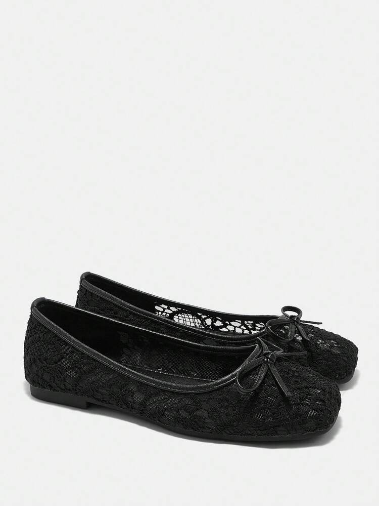 CUCCOO CURVES Zapatos planos de mujer con punta redonda y ajuste ancho, con decoración de lazo de tela de encaje negro, sencillos y cómodos, con correa transpirable, tallas grandes