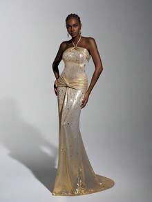 Elitara 优雅、时尚、闪亮、手工镶嵌水钻、弧形领口、褶皱设计、喇叭腰身、扭结、打褶、修身廓形，适合晚宴、商务活动、婚礼宾客、女士晚礼服、网纱连衣裙、正式礼服、连衣裙 - 杏色 - 查看 5