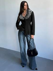 Aloruh Women's Fall/Winter Elegant Lapel Waist Fur Collar Patchwork Overcoat In Fall/Winter,Women's Winter Coat ,Winter Clothes For Women