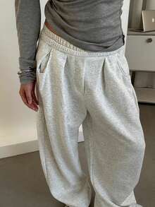 INAWLY Quần nỉ ống đứng lưng thun co giãn cỡ lớn cho nữ - Màu Xám nhạt - Xem 4