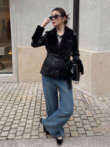 K-Vae Chaqueta casual de manga larga de unicolor con parches de PU, cintura con cordón