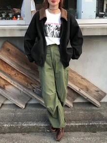 FRIFUL 女士休闲蓬松牛仔翻领夹克 - 藍色 - 查看 2