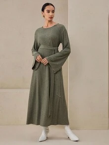 Graceveil Women's Green Autumn Soft Ribbed Knit Fabric Round Neck Flare Sleeve Button Tie Design Long Dress - Army Green - View 5