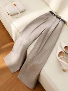 Franclia 女式条纹印花褶皱口袋束带裤 - 卡其色 - 查看 5