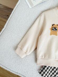 LMoss Kids 2pcs Baby Girl Knitted Solid Color Cute Pattern Crew Neck Sweatshirt And Plaid Pants Set - Black - View 4