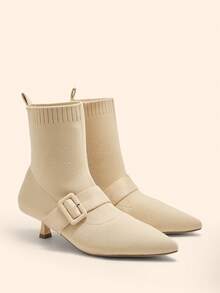 CUCCOO BASICS 女式尖头小猫跟踝靴，米色针织面料，水钻装饰，舒适透气弹力时尚短靴 - 杏色 - 查看 3