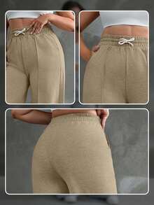 SHEIN Cottnline Plus Drawstring Waist Wide Leg Pants - Camel - View 6