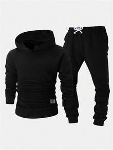 SHEIN Conjunto de 2 peças de moletom com capuz solto e calça de moletom com cordão para meninos adolescentes, casual, para o dia a dia, confortável, com letras, patch, conjunto de agasalho de malha - Preto - Ver 4