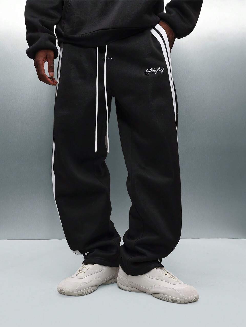PLAYBOY X SUMWON Wide Leg Drop Crotch Joggers With Side Stripes