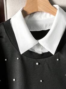 Lacomfia Women's 2 In 1 Long Sleeve Colorblock Pearl Decor Casual Comfortable Minimalist Chic Plus Size Sweatshirt