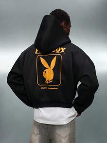 PLAYBOY X SUMWON Magazine Collaboration Oversized Hoodie Cropped Fit Retro Style Pullover With Centre Pocket Large Bunny Logo Vintage Inspired - Black - View 5