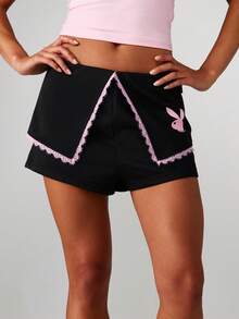 Missguided x Playboy Women's Hot Pants Lace Trim Detail Black Shorts With Bunny Logo - Casual Summer Festival Bottoms - Black - View 6